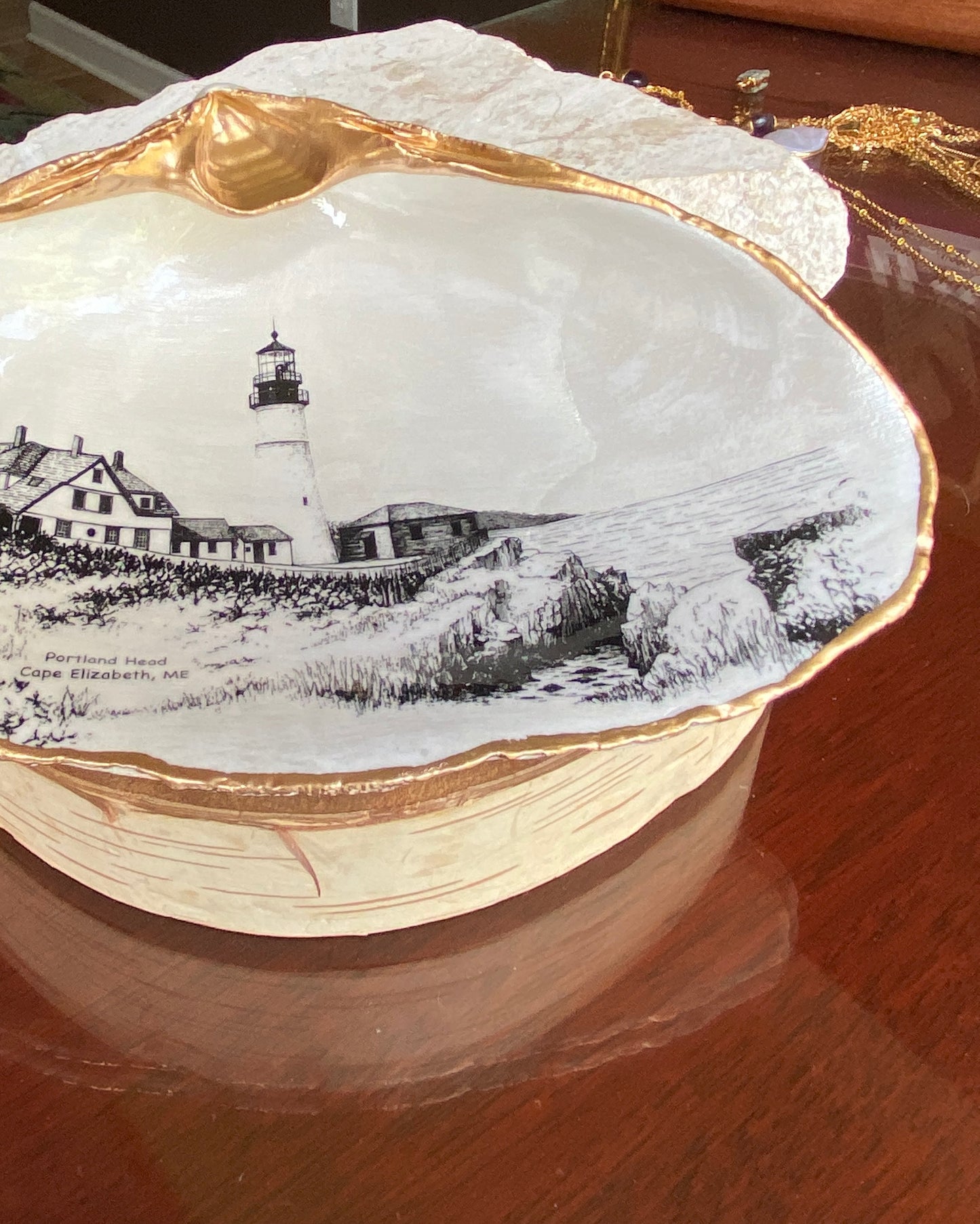 Decoupage Clam Shell Trinket Dish Portland Head Lighthouse