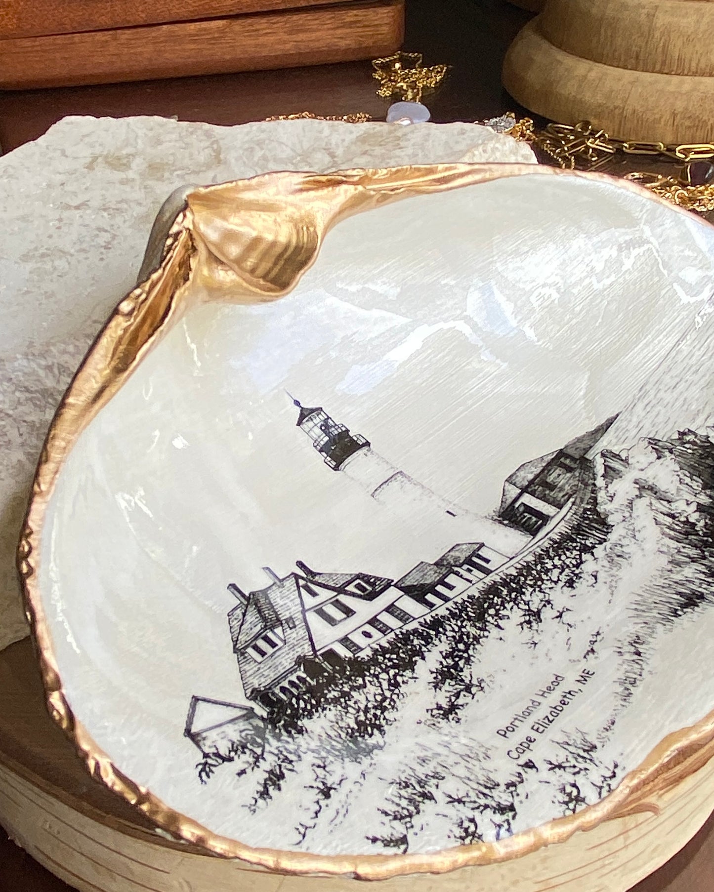 Decoupage Clam Shell Trinket Dish Portland Head Lighthouse