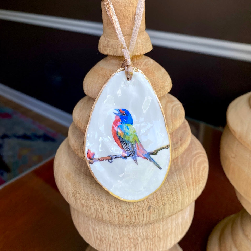 Holiday Ornaments Decoupage Oyster Shell Bird Lover Art