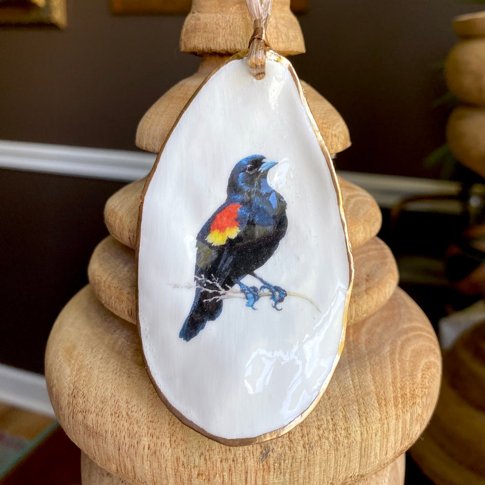 Holiday Ornaments Decoupage Oyster Shell Bird Lover Art