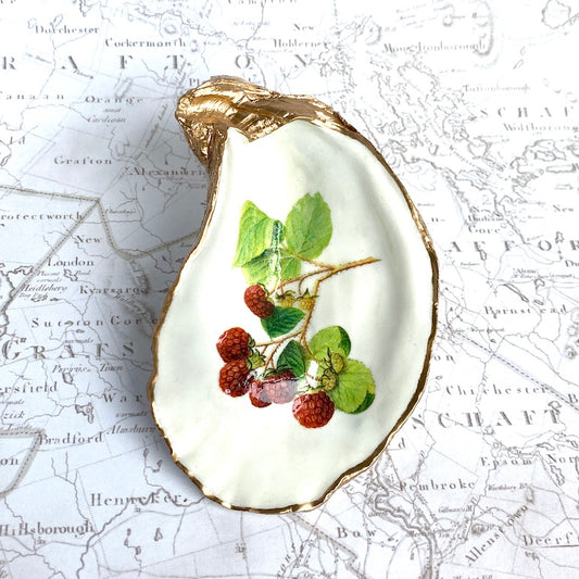 Raspberry Decoupage Oyster Shell Ring Dish – Gold Trimmed Trinket Dish for Kitchen or Sink – Farmhouse Cottagecore Jewelry Holder