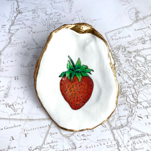 Strawberry Decoupage Oyster Shell Ring Dish – Gold Trimmed Trinket Dish for Kitchen or Sink – Farmhouse Cottagecore Jewelry Holder