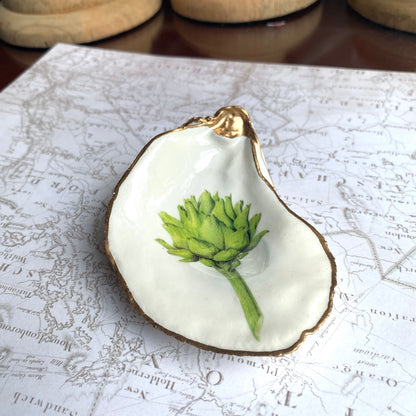 Decoupage Oyster Shell Jewelry Dish, Botanical Design, Beach House Decor, Kitchen Accent