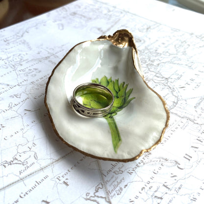 Decoupage Oyster Shell Jewelry Dish, Botanical Design, Beach House Decor, Kitchen Accent