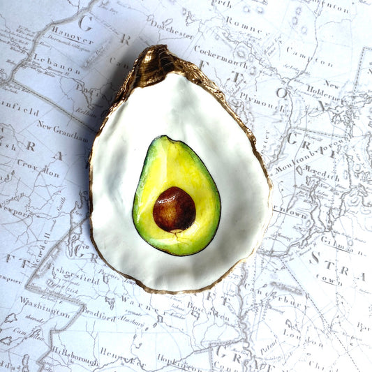 Avocado Oyster Shell Ring Dish – Decoupage Jewelry Holder, Gold Leaf Trinket Dish, Foodie Gift, Boho Cottagecore Decor, Kitchen Ring Dish