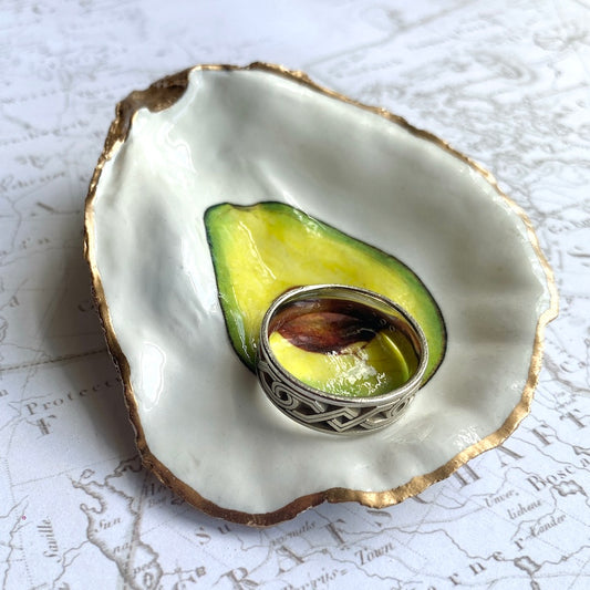 Avocado Oyster Shell Ring Dish – Decoupage Jewelry Holder, Gold Leaf Trinket Dish, Foodie Gift, Boho Cottagecore Decor, Kitchen Ring Dish