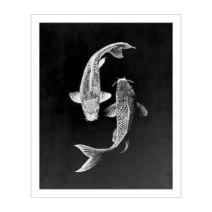 Archival Print Colored Pencil Drawing of Koi Fish – White Koi on Black Background – Fine Art Illustration – Zen Water Garden Art