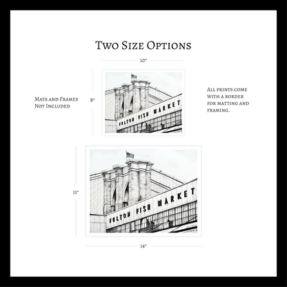 NYC Art Print, Old Fulton Fish Market, New York City Wall Art, Black & White Drawing, NY Landmark Scene