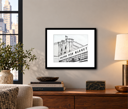 NYC Art Print, Old Fulton Fish Market, New York City Wall Art, Black & White Drawing, NY Landmark Scene