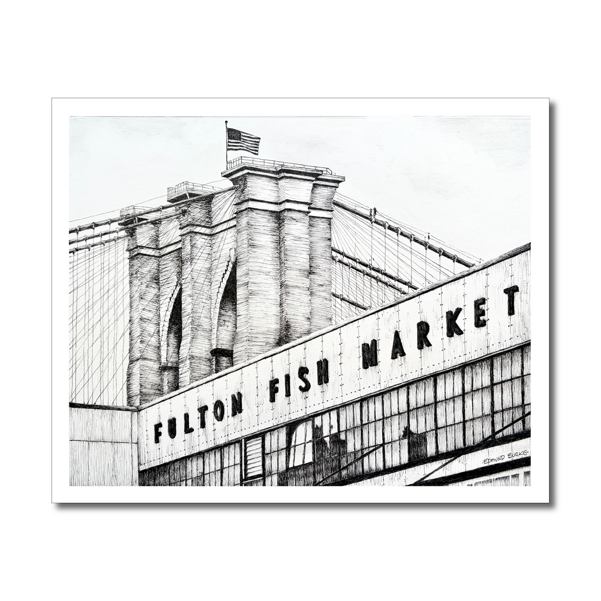 NYC Art Print, Old Fulton Fish Market, New York City Wall Art, Black & White Drawing, NY Landmark Scene