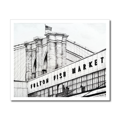 NYC Art Print, Old Fulton Fish Market, New York City Wall Art, Black & White Drawing, NY Landmark Scene