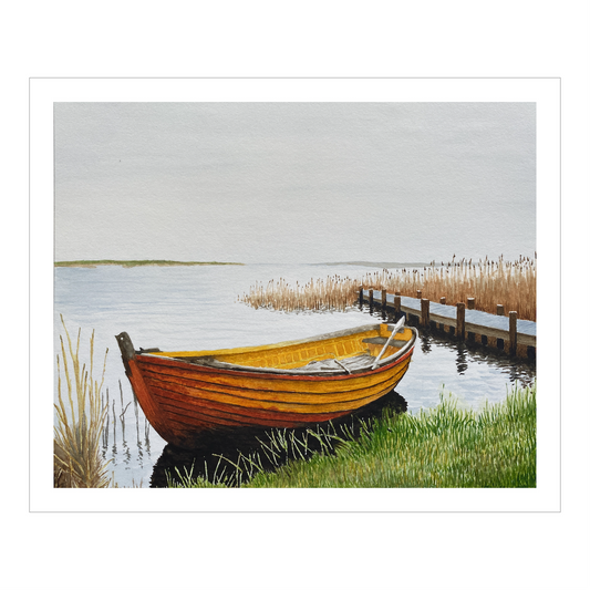 Original Watercolor Print of an Old Skiff on a Quiet Shoreline – Coastal Wall Art