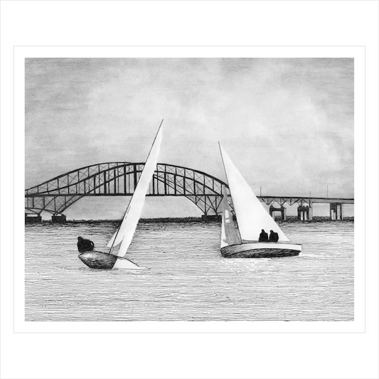 Sailboat Pen and Ink Print – Great South Bay Long Island Art, Long Island Nautical Drawing, Black & White Coastal Wall Decor,Beach House Art