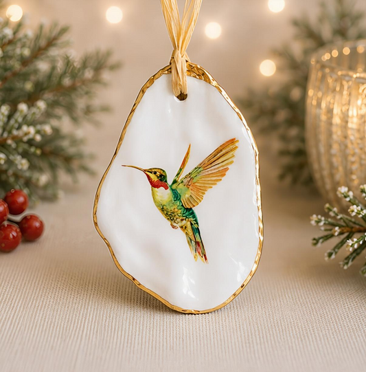 Ruby-Throated Hummingbird Oyster Shell Ornament, Hummingbird Lover Gift, Christmas Keepsake