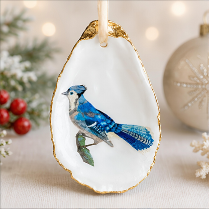 Blue Jay Oyster Shell Ornament, Blue Jay Lover Gift, Christmas Keepsake