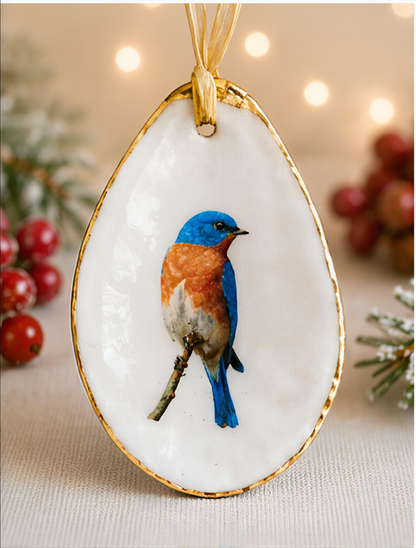 Eastern Bluebird Oyster Shell Christmas Ornament, Bird Lover Gift, Woodland Holiday Decor, Christmas Keepsake