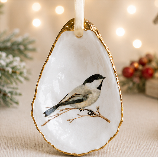 Chickadee Oyster Shell Christmas Ornament, Woodland Holiday Decor, Bird Lover Gift, Christmas Keepsake
