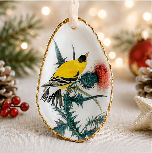 Goldfinch Oyster Shell Ornament, Goldfinch Lover Gift, Holiday Decor, Christmas Keepsake