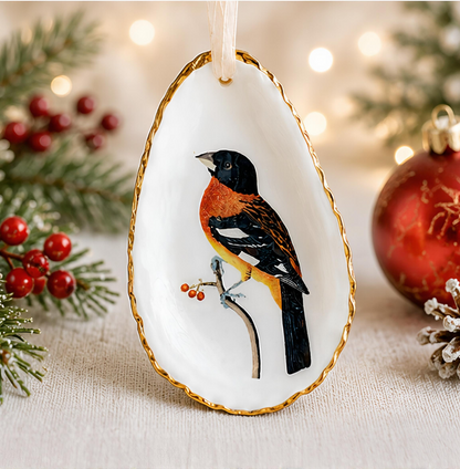 Rose-Breasted Grosbeak Oyster Shell Ornament, Bird Lover Gift, Woodland Holiday Decor, Christmas Keepsake