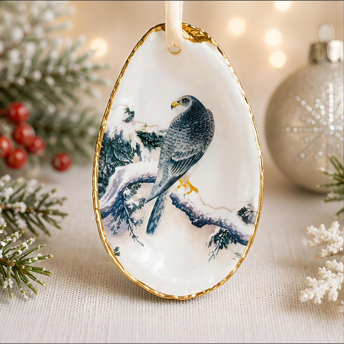 Hawk Oyster Shell Ornament, Bird Lover Gift, Woodland Holiday Decor, Christmas Keepsake