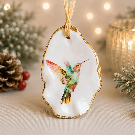 Hummingbird Oyster Shell Christmas Ornament, Bird Lover Gift, Coastal Holiday Decor, Christmas Keepsake