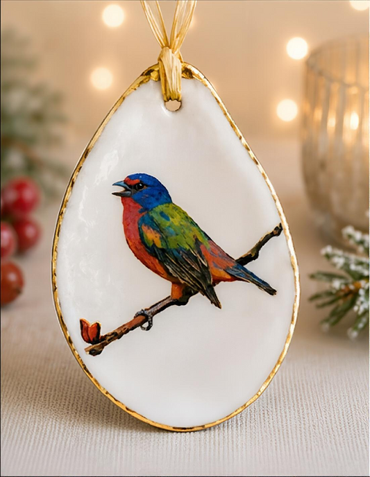 Painted Bunting Oyster Shell Ornament, Bird Lover Gift, Colorful Songbird Decor, Christmas Keepsake