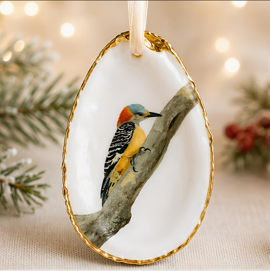 Red-Bellied Woodpecker Oyster Shell Ornament, Bird Lover Gift, Woodland Holiday Decor, Christmas Keepsake