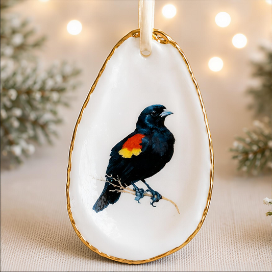 Red-winged Blackbird Oyster Shell Ornament, Red-winged Blackbird Lover Gift, Christmas Keepsake