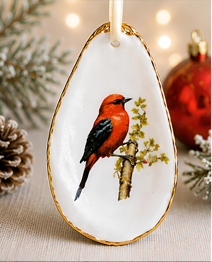 Scarlet Tanager Oyster Shell Ornament, Bird Lover Gift, Woodland Holiday Decor, Christmas Keepsake