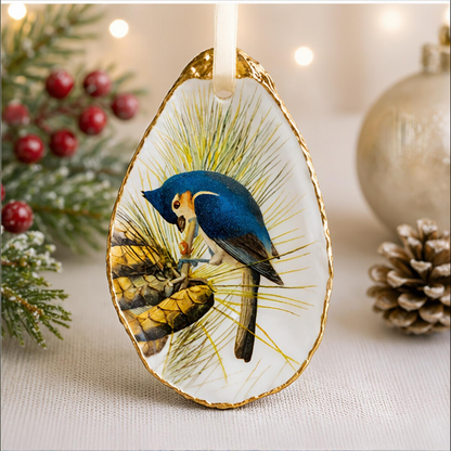Tufted Titmouse Oyster Shell Ornament, Bird Lover Gift, Woodland Holiday Decor, Christmas Keepsake