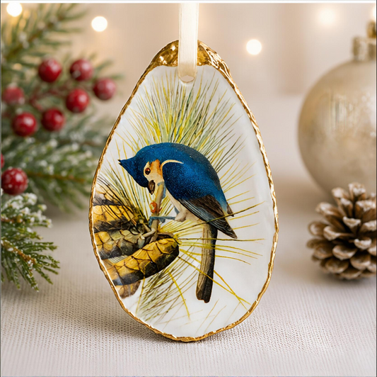 Tufted Titmouse Oyster Shell Ornament, Bird Lover Gift, Woodland Holiday Decor, Christmas Keepsake