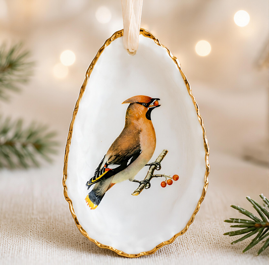 Bohemian Waxwing Oyster Shell Ornament, Bird Lover Gift, Woodland Holiday Decor, Christmas Keepsake