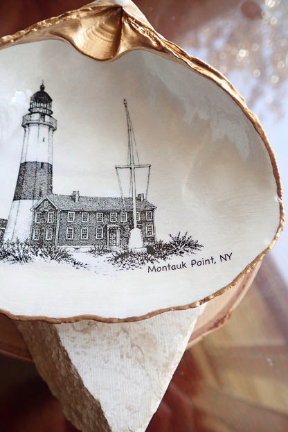 Decoupage Clam Shell Trinket Dish Montauk Lighthouse Art