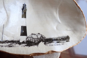 Decoupage Clam Shell Trinket Dish Fire Island Lighthouse Art, Coastal Home Decor