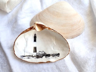 Decoupage Clam Shell Trinket Dish Fire Island Lighthouse Art, Coastal Home Decor