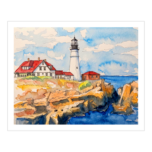 Portland Head Lighthouse Watercolor Print, Maine Coastal Wall Art, Archival Print of Original Watercolor Painting, New England Home Decor