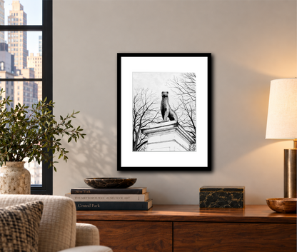 Prospect Park Print, NYC Wall Art, Panther Statue Winter Scene, Black &White Drawing, Winter New York Landmark, New Yorker Gift
