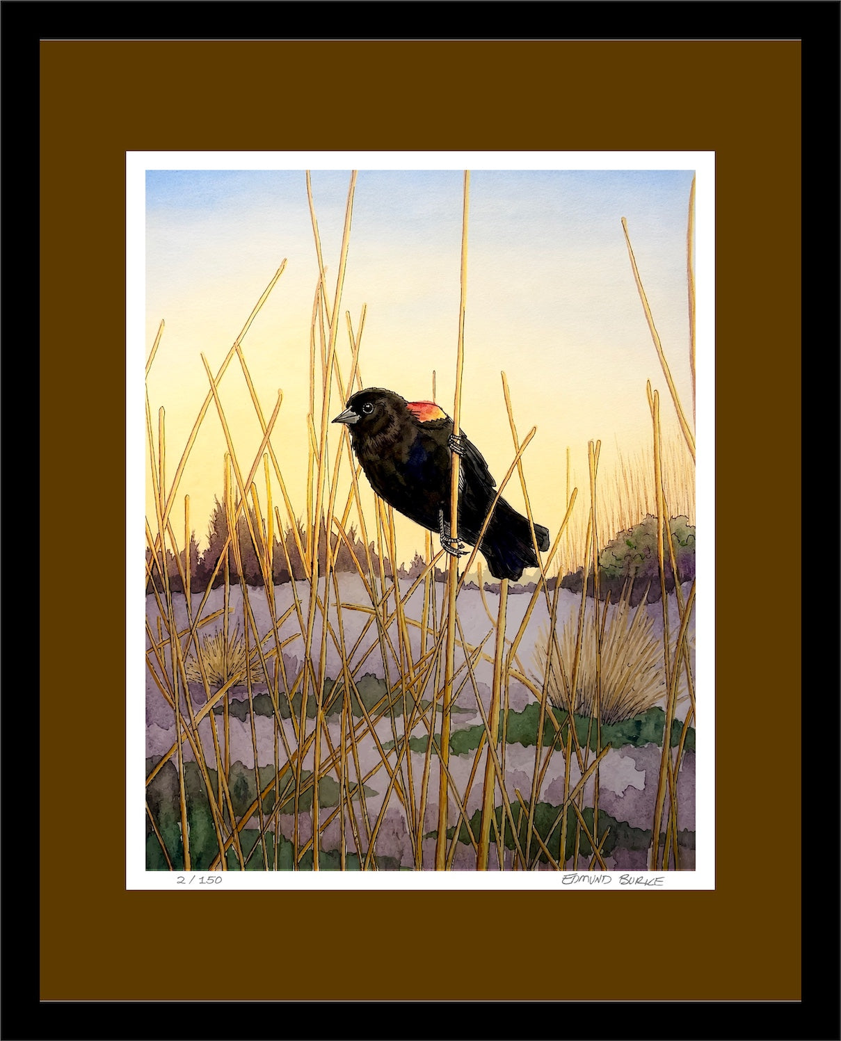 Red Winged Black Bird Original Artwork, East Coast Landscape Print, Limited Edition Watercolor,Coastal Wall Decor, Beach House Decor Gift