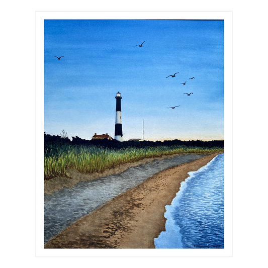 Original Watercolor Print, Fire Island Lighthouse Art, Beach House Decor, Coastal Scenes