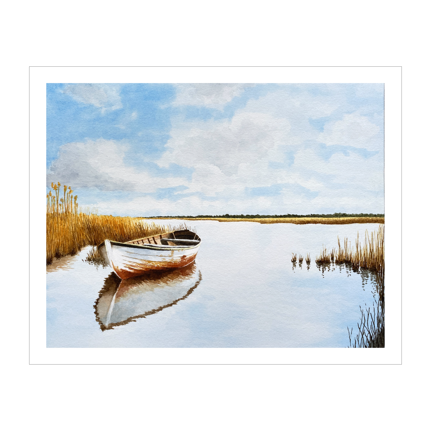 Old Skiff in Autumn Marsh Original Watercolor Print, Row Boat Art Print, Peaceful Coastal Landscape, East Coast Art,  Nautical Wall Decor