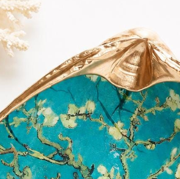 Decoupage Clam Shell Jewelry Dish – Almond Blossoms Art, Coastal Tabletop Decor