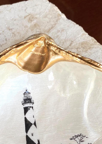Decoupage Clam Shell Trinket Dish Cape Lookout Lighthouse Art