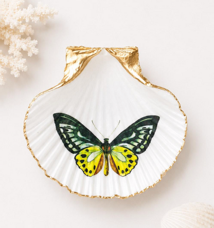 Butterfly Scallop Shell Trinket Dish, Handmade Gold Rim Jewelry Holder, Nature Lover Gift