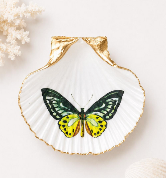 Butterfly Scallop Shell Trinket Dish, Handmade Gold Rim Jewelry Holder, Nature Lover Gift