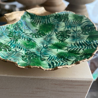 Tropical Palm Scallop Shell Trinket Dish, Gold Rim Ring Dish, Coastal Chic Gift