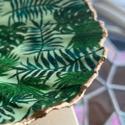 Tropical Palm Scallop Shell Trinket Dish, Gold Rim Ring Dish, Coastal Chic Gift