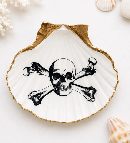 Skull & Crossbones Scallop Shell Trinket Dish, Pirate Ring Dish, Gothic Coastal Decor, Goth Gift
