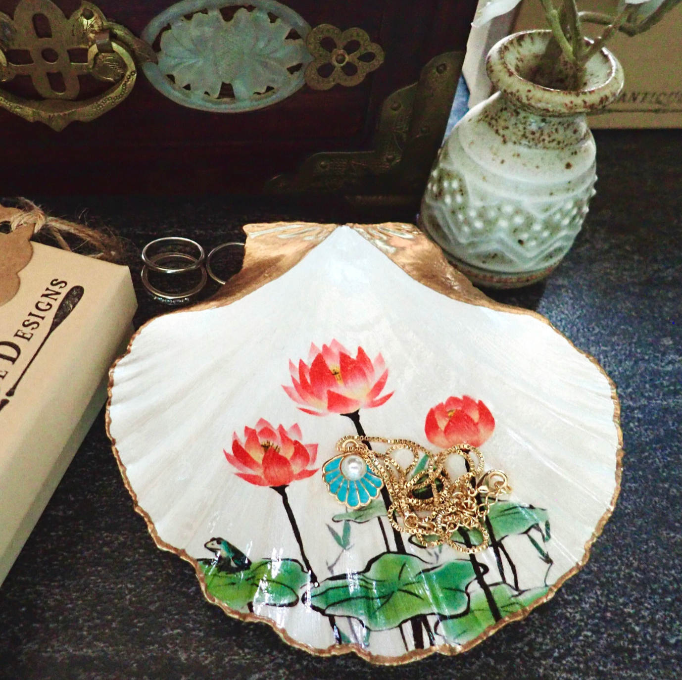 Lotus Flower Oyster Shell Ring Dish, Pink Flower Jewelry Dish, Zen Gift, Coastal Nature Decor