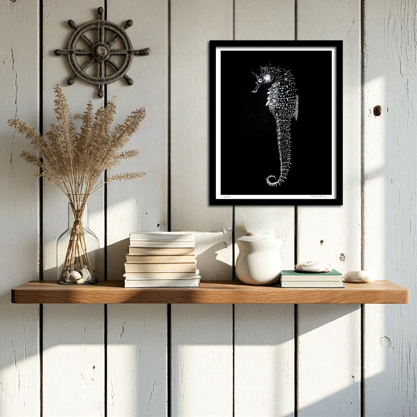 Vintage Seahorse Art Print – White Seahorse on Black – Nautical Illustration – Coastal & Modern Wall Art
