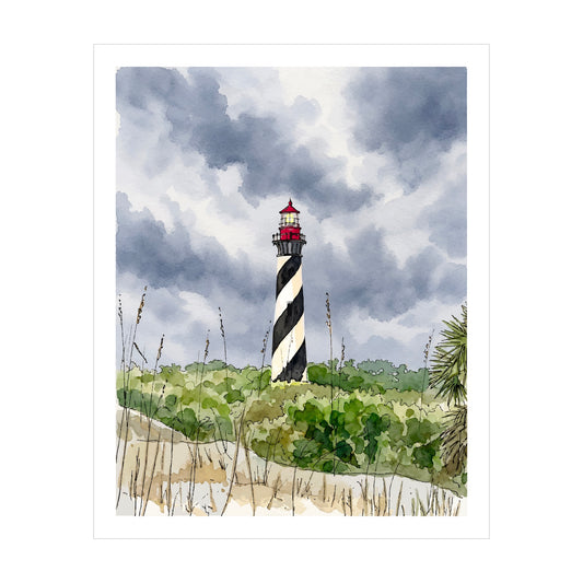 St. Augustine Lighthouse Watercolor Print, Original Florida Lighthouse Art, Coastal Wall Decor, Nautical Beach House Artwork